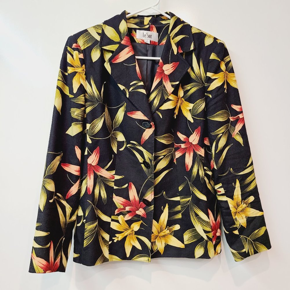 Le Suit Suit Coat Blazer Jacket Black Red Yellow Floral Linen Blend Womens 10 - Picture 1 of 7
